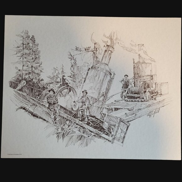 Logging Scene Steam Donkey Print Monochrome Sketch Print Clif Hadfield 1978 - Picture 1 of 5